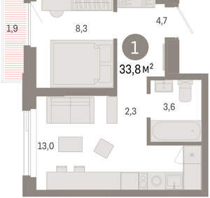 1-к квартира, вторичка, 34м2, 7/25 этаж