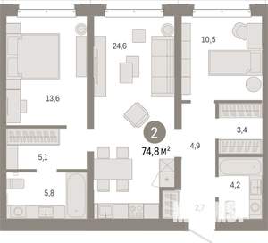 2-к квартира, вторичка, 75м2, 2/7 этаж
