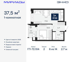 1-к квартира, вторичка, 38м2, 6/18 этаж