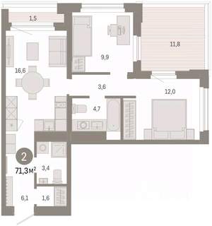 2-к квартира, вторичка, 71м2, 5/25 этаж