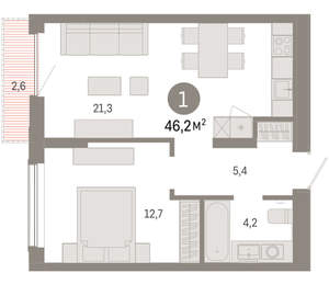 1-к квартира, вторичка, 46м2, 16/17 этаж