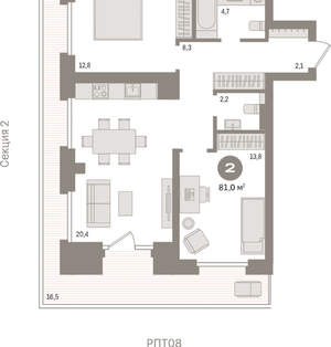 2-к квартира, вторичка, 81м2, 5/9 этаж
