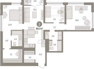 3-к квартира, вторичка, 99м2, 7/9 этаж