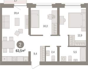 2-к квартира, вторичка, 63м2, 7/10 этаж
