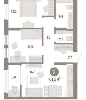 2-к квартира, вторичка, 61м2, 9/17 этаж