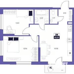 2-к квартира, строящийся дом, 55м2, 2/24 этаж