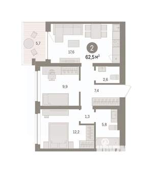 2-к квартира, вторичка, 63м2, 7/8 этаж