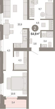 2-к квартира, вторичка, 65м2, 7/25 этаж