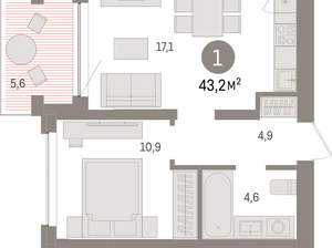 1-к квартира, вторичка, 43м2, 2/8 этаж