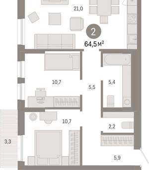 2-к квартира, вторичка, 65м2, 4/17 этаж