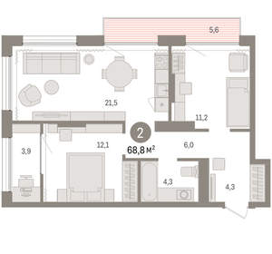 2-к квартира, вторичка, 69м2, 16/17 этаж