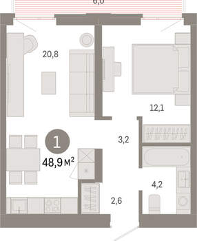 1-к квартира, вторичка, 49м2, 6/25 этаж