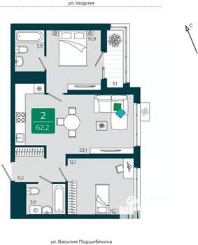2-к квартира, вторичка, 62м2, 10/16 этаж