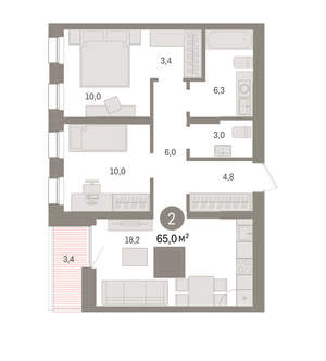 2-к квартира, вторичка, 65м2, 9/9 этаж