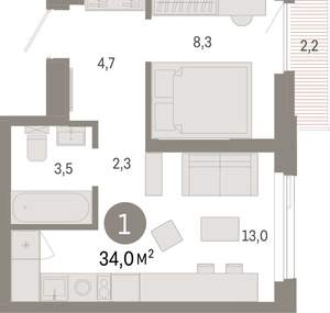 1-к квартира, вторичка, 34м2, 8/25 этаж