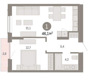 1-к квартира, вторичка, 46м2, 8/17 этаж