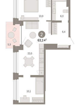 2-к квартира, вторичка, 63м2, 3/8 этаж