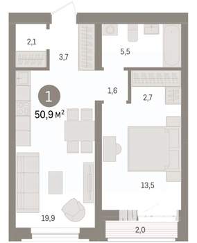 1-к квартира, вторичка, 51м2, 4/10 этаж