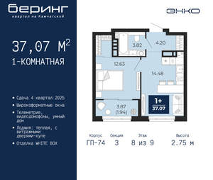 1-к квартира, вторичка, 37м2, 8/21 этаж