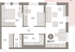 2-к квартира, вторичка, 70м2, 7/17 этаж