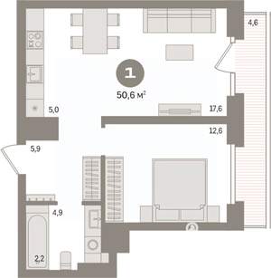 1-к квартира, вторичка, 51м2, 6/9 этаж