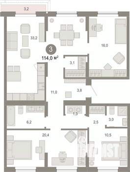 3-к квартира, вторичка, 114м2, 9/9 этаж