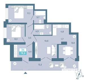 3-к квартира, строящийся дом, 80м2, 1/19 этаж