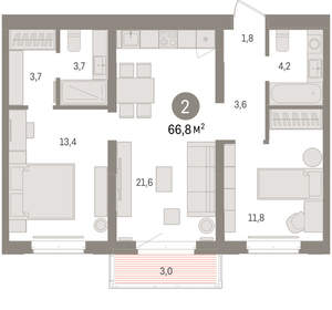 2-к квартира, вторичка, 67м2, 3/16 этаж