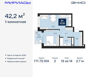 1-к квартира, вторичка, 42м2, 13/18 этаж