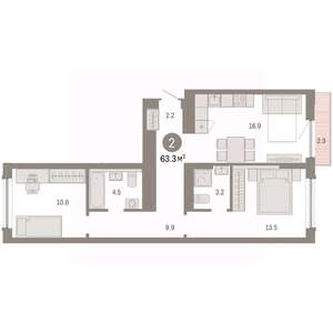 2-к квартира, вторичка, 63м2, 7/8 этаж