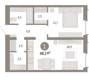 1-к квартира, вторичка, 48м2, 15/16 этаж