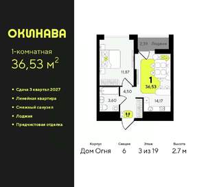 1-к квартира, вторичка, 37м2, 3/19 этаж