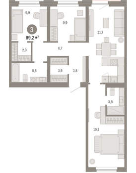 3-к квартира, вторичка, 89м2, 6/16 этаж