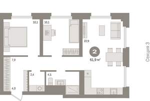 2-к квартира, вторичка, 62м2, 3/9 этаж