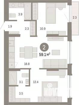 2-к квартира, вторичка, 59м2, 2/7 этаж