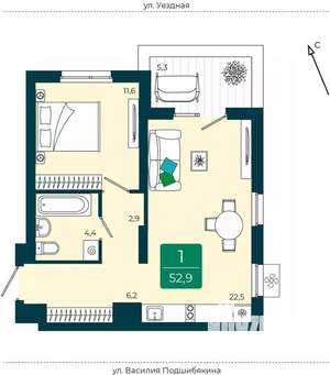 2-к квартира, вторичка, 53м2, 3/9 этаж
