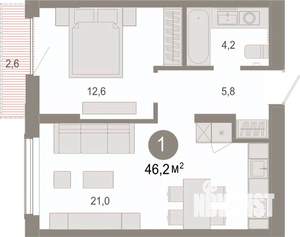 1-к квартира, вторичка, 46м2, 8/17 этаж