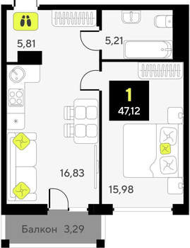 1-к квартира, вторичка, 47м2, 3/9 этаж