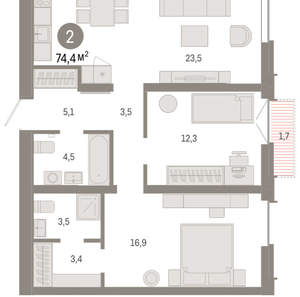 2-к квартира, вторичка, 74м2, 6/16 этаж
