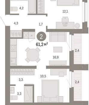 2-к квартира, вторичка, 61м2, 8/16 этаж