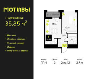 1-к квартира, сданный дом, 36м2, 2/14 этаж