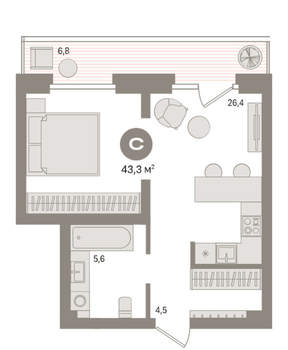 Студия квартира, вторичка, 43м2, 4/9 этаж