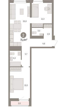 2-к квартира, вторичка, 71м2, 5/10 этаж