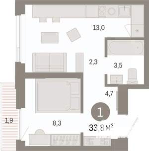 1-к квартира, вторичка, 34м2, 7/25 этаж