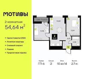 2-к квартира, вторичка, 55м2, 10/14 этаж