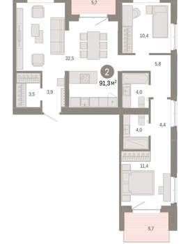 2-к квартира, вторичка, 91м2, 7/11 этаж