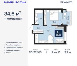 1-к квартира, вторичка, 35м2, 9/16 этаж