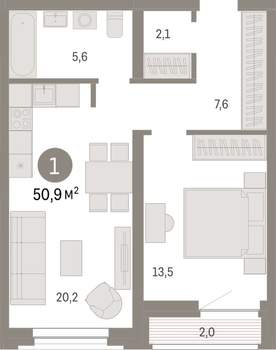1-к квартира, вторичка, 51м2, 6/10 этаж