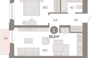 1-к квартира, вторичка, 50м2, 3/16 этаж