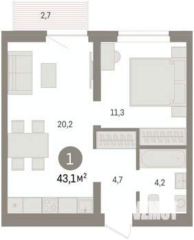 1-к квартира, вторичка, 43м2, 5/8 этаж